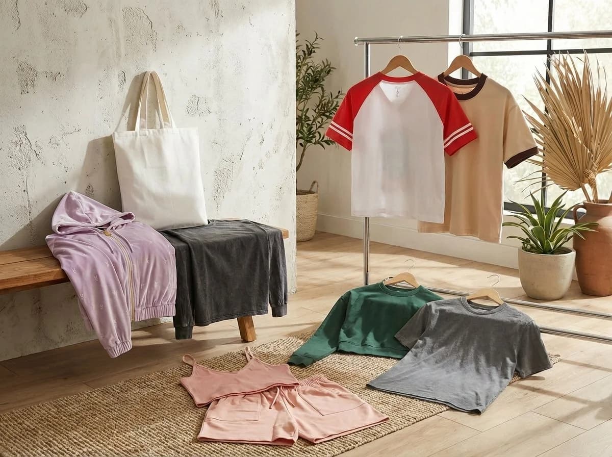 A rack of folded t-shirts in soft natural light.